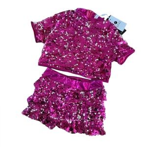 Girls Pink Sequin Dance Set Modern Jazz Latin Costume Sparkly Crop Top Shorty 8